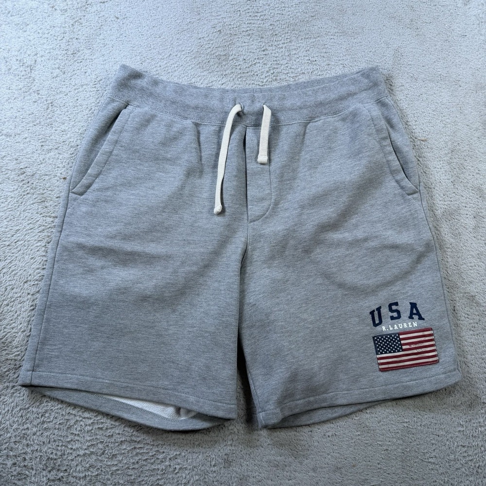 Polo Ralph Lauren Shorts Medium Grey Sweat Drawstring Fleece USA American Flag